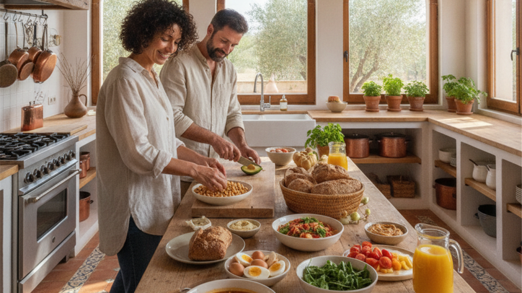 Pareja preparando alimentos saciantes en la cocina, legumbres, huevos y verduras