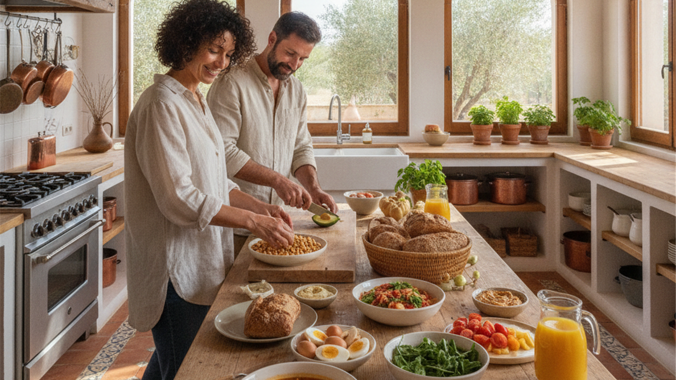 Pareja preparando alimentos saciantes en la cocina, legumbres, huevos y verduras