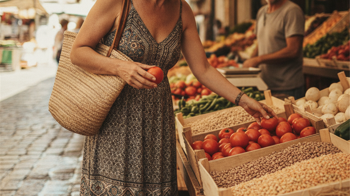 Mujer comprando legumbres y verduras frescas en un mercado local