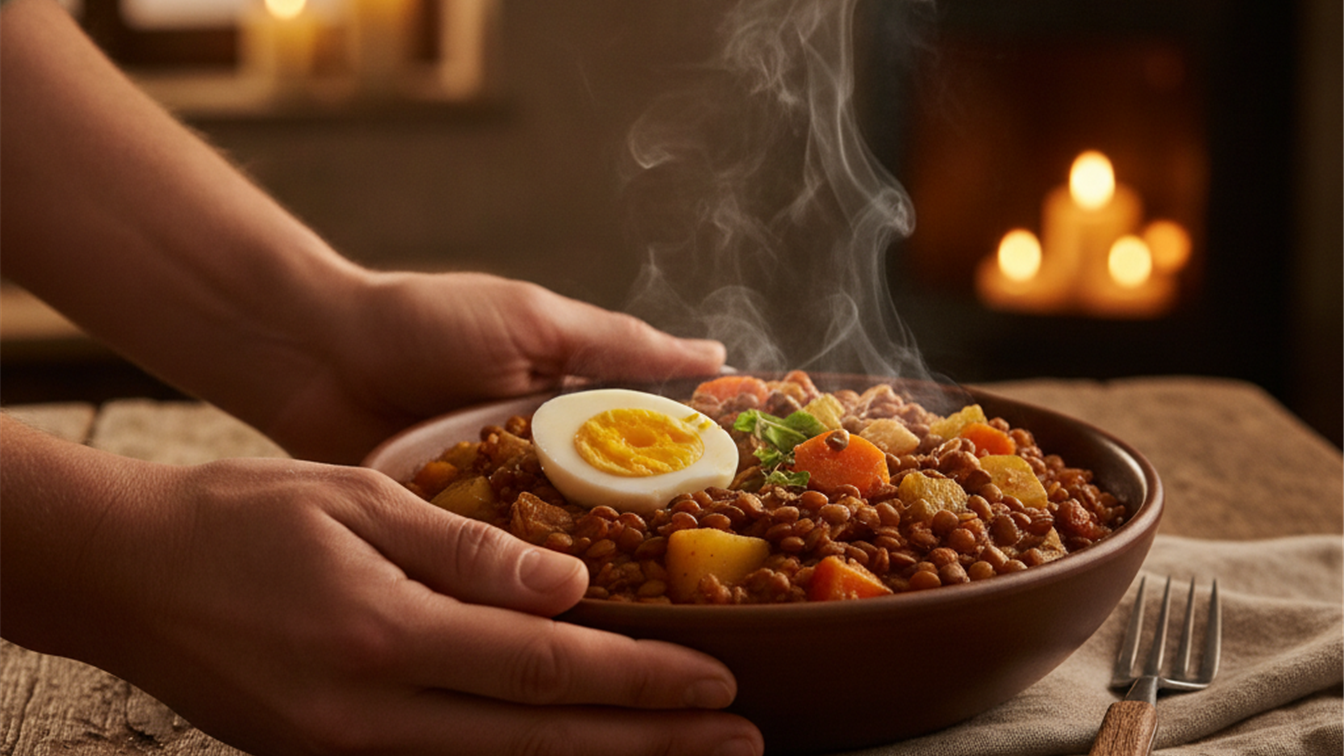 Plato de lentejas con huevo, ejemplo de comida saciante