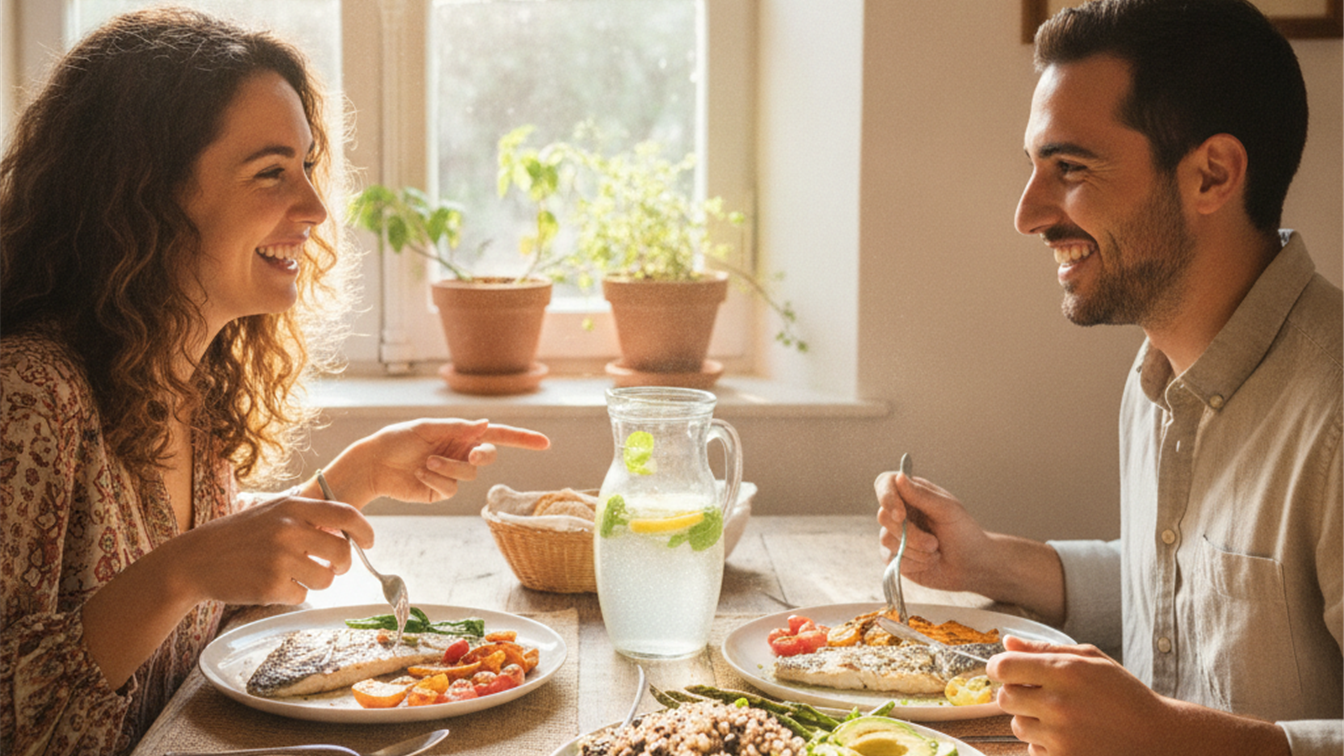 Dos amigas comiendo una comida saludable durante la ventana de alimentacion