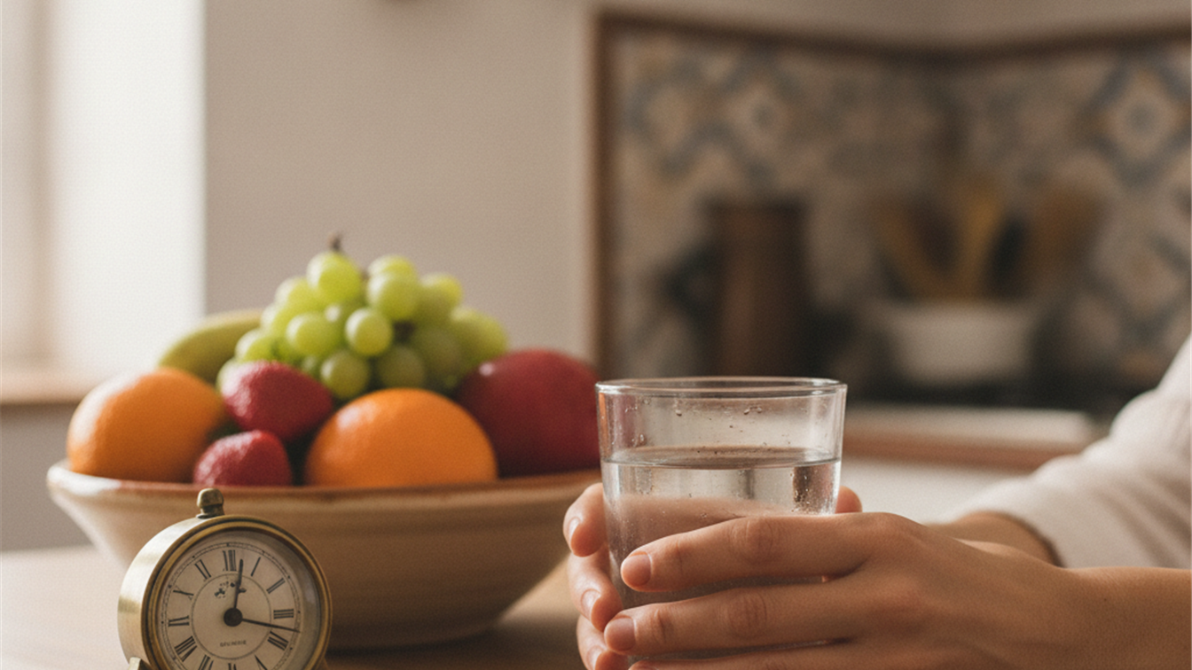 Detalle de un vaso de agua, un reloj y un bol de fruta fresca en la mesa