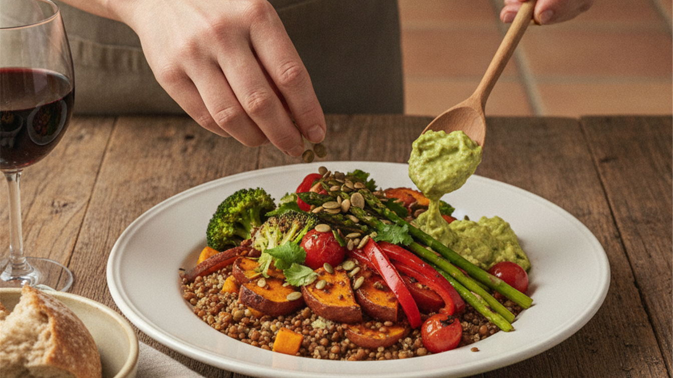 Plato de comida rica en fibra con legumbres verduras y cereales integrales