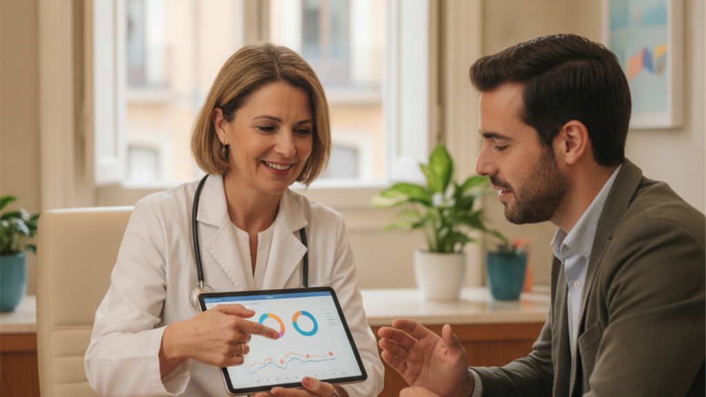 Doctora y paciente revisando datos de un estudio sobre obesidad en una consulta medica en Espana