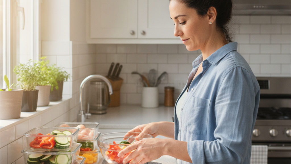 Mujer pesando alimentos en la cocina para controlar el deficit calorico