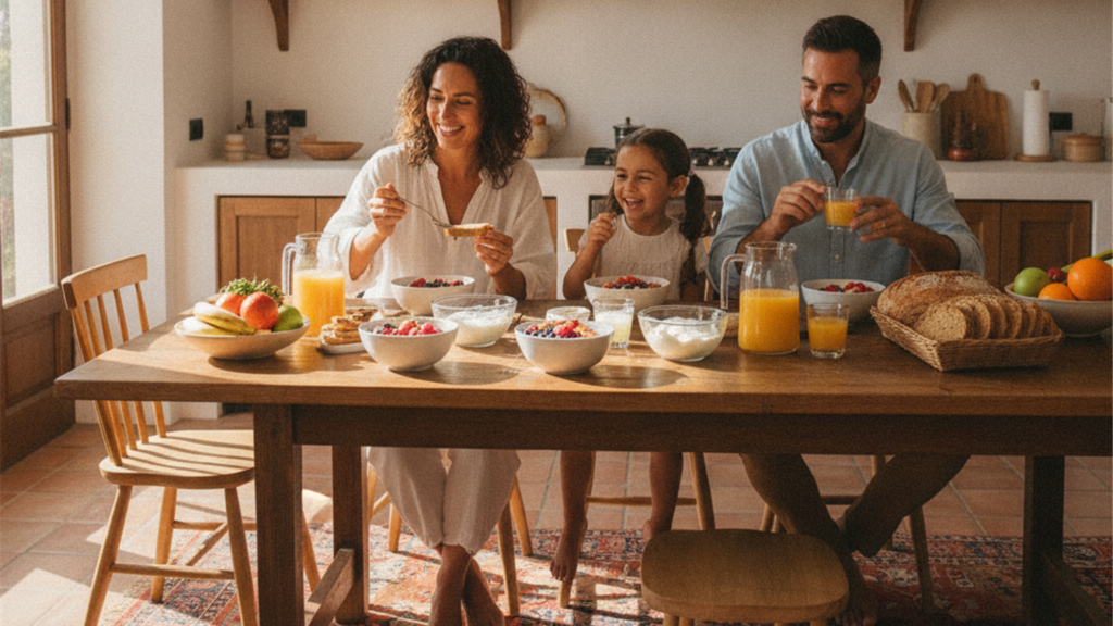 Familia disfrutando de un desayuno saludable en la cocina