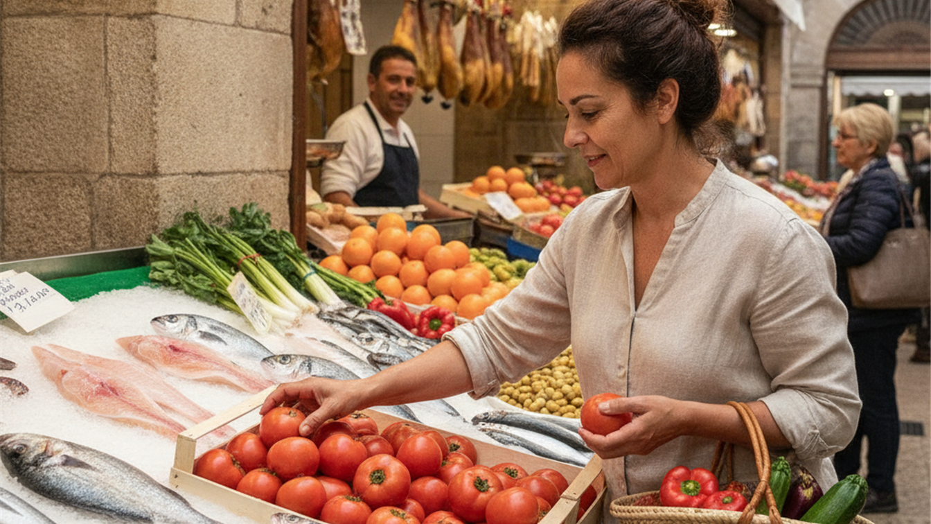 Mujer comprando tomates y verduras frescas en un mercado tradicional espanol