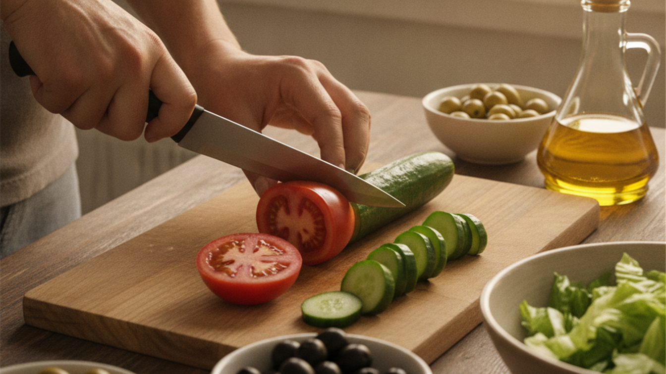Preparacion de una ensalada mediterranea con tomate, pepino, aceitunas y aceite de oliva