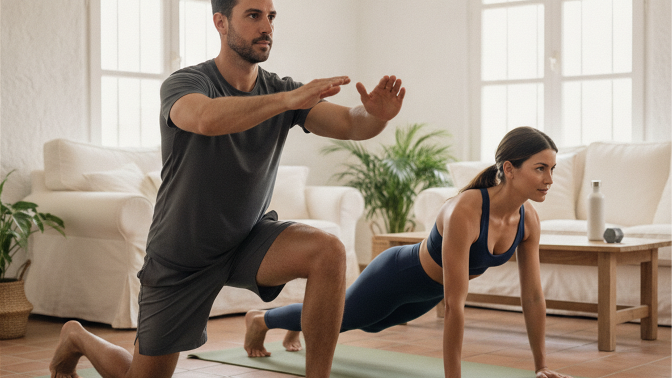 Hombre y mujer haciendo zancadas y flexiones juntos en casa