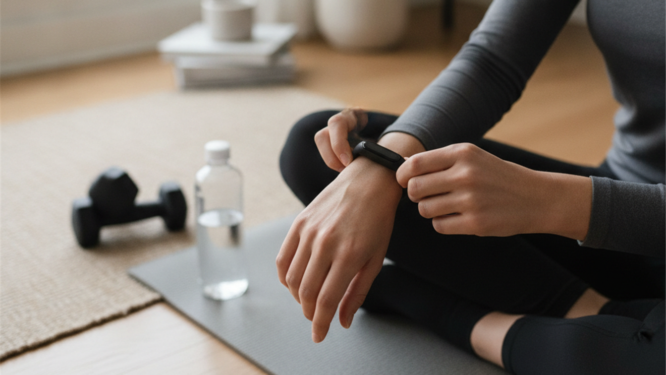 Mujer revisando su pulsera de actividad tras entrenar en casa
