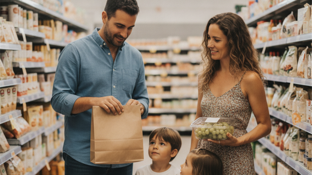Familia con dos ninos comprando alimentos en un supermercado en Espana