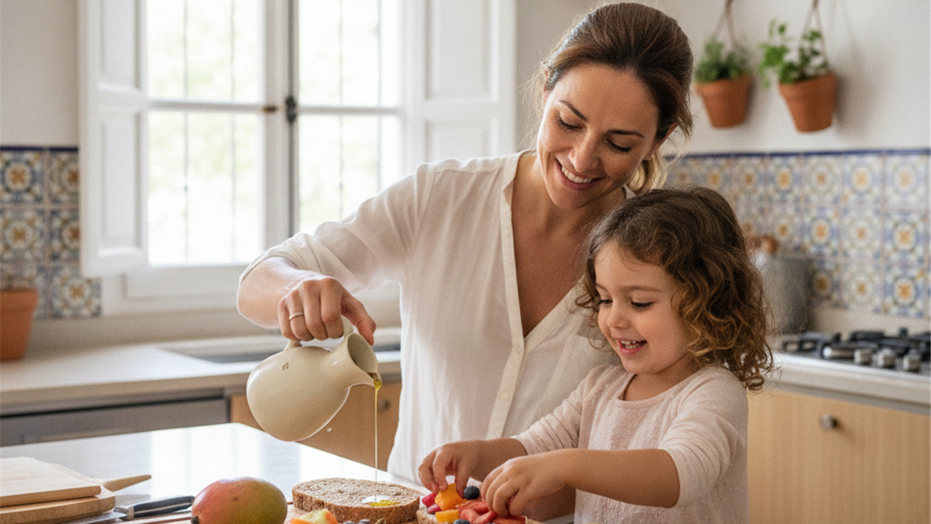Madre e hija preparando una merienda saludable con pan integral y fruta fresca en una cocina luminosa