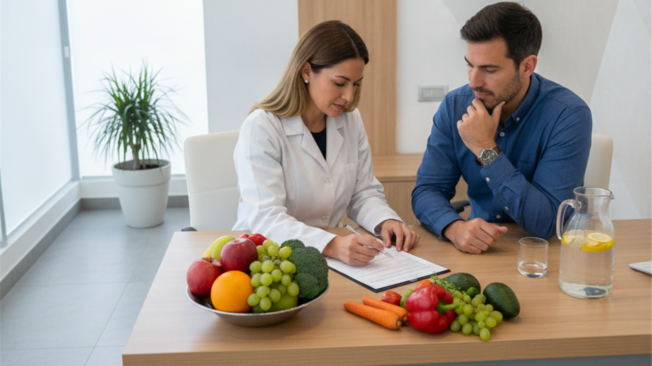 Nutricionista mostrando un informe de analisis de sangre a un paciente con fruta y verdura fresca sobre la mesa