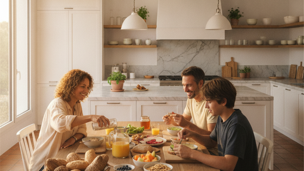 Familia desayunando de forma saludable en una cocina luminosa