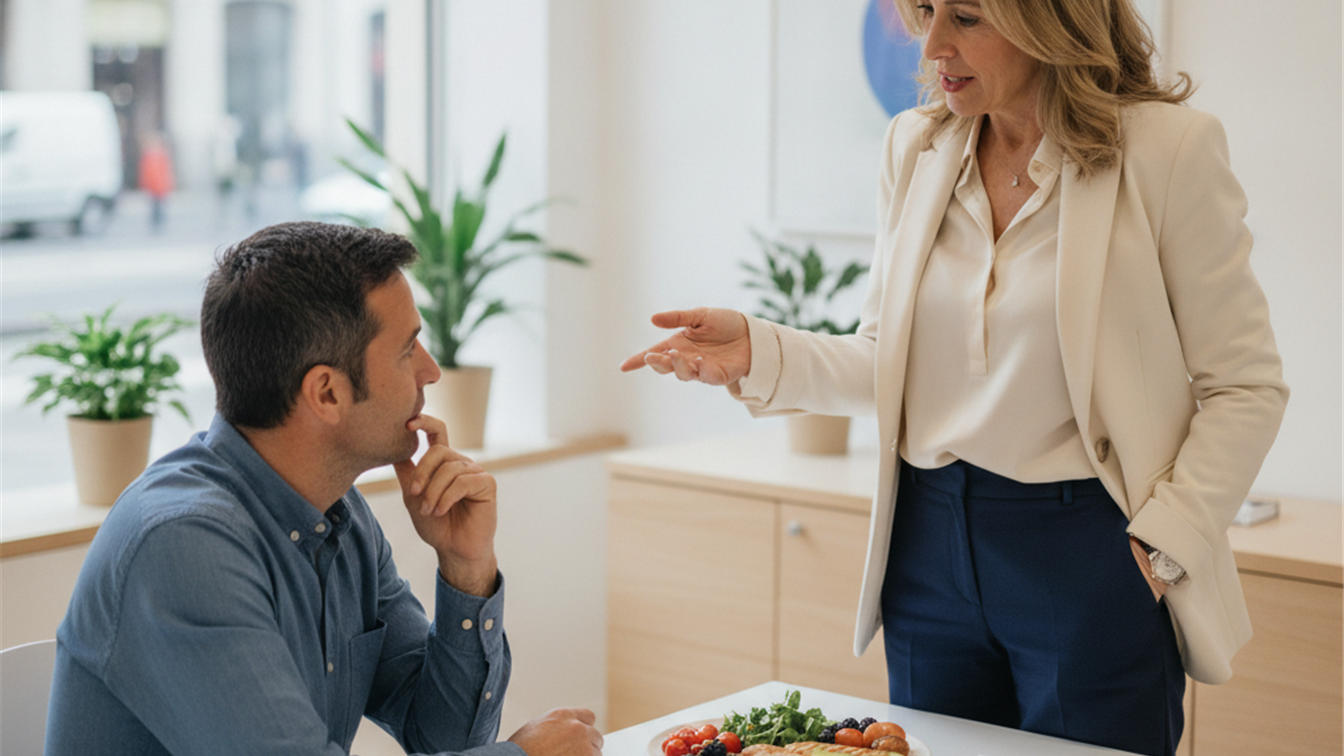 Nutricionista explicando un plan de alimentacion a un paciente