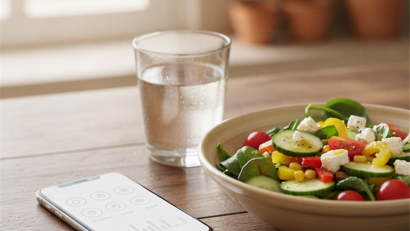 Movil con app de seguimiento nutricional junto a una ensalada saludable