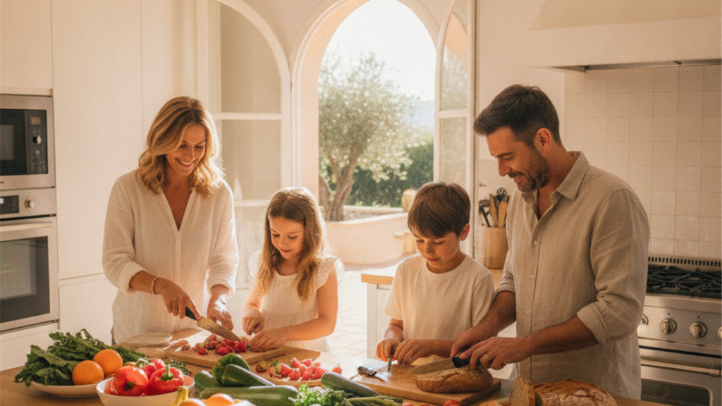 Familia preparando una comida saludable en la cocina