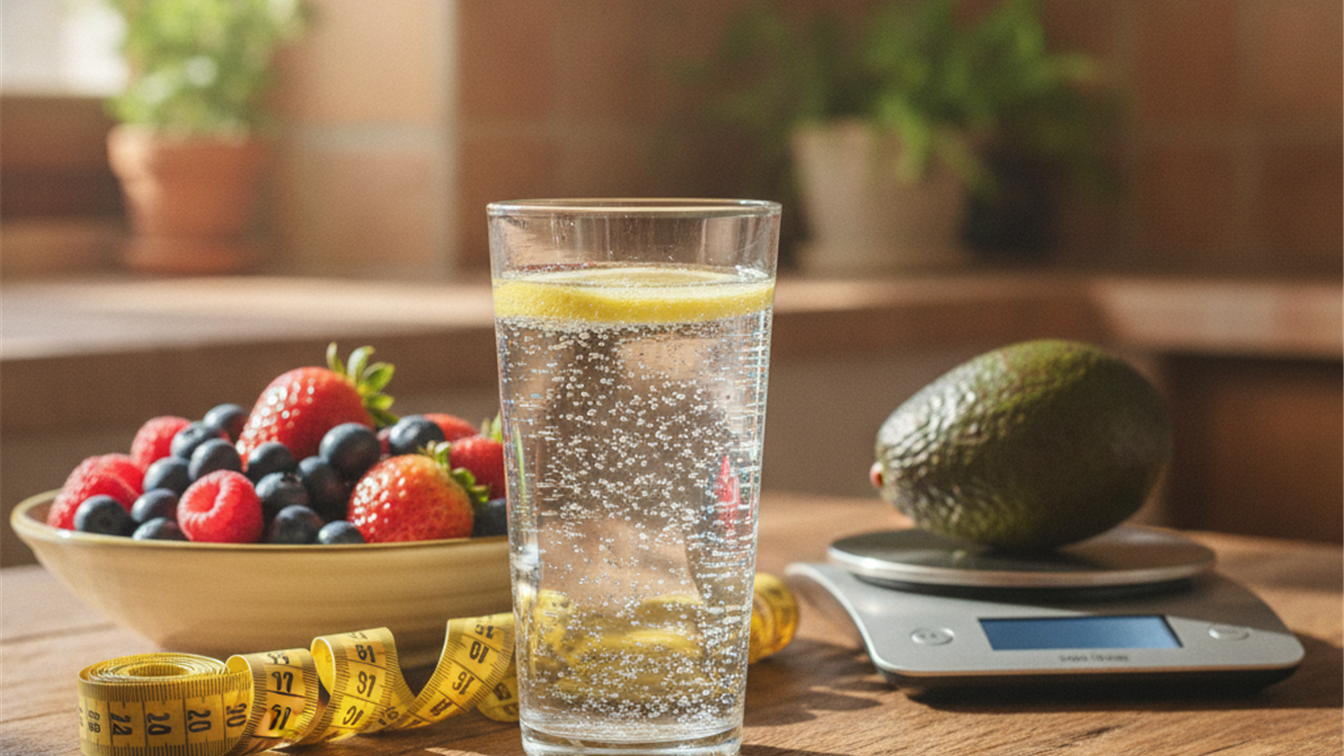Agua con gas, cinta metrica y bayas frescas sobre una mesa de madera