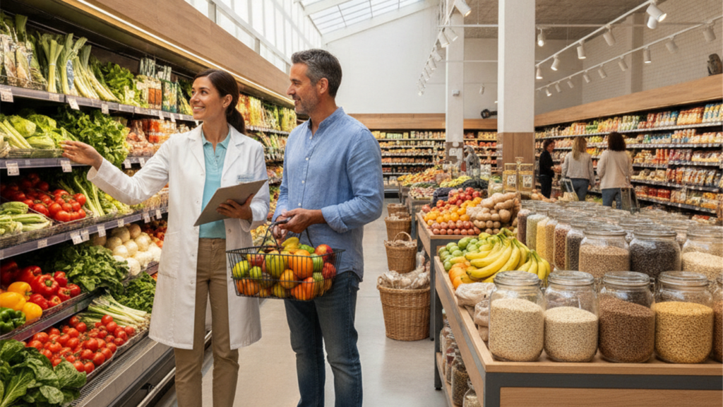 Nutritionist and customer choosing fresh vegetables and whole grains in a supermarket in Spain