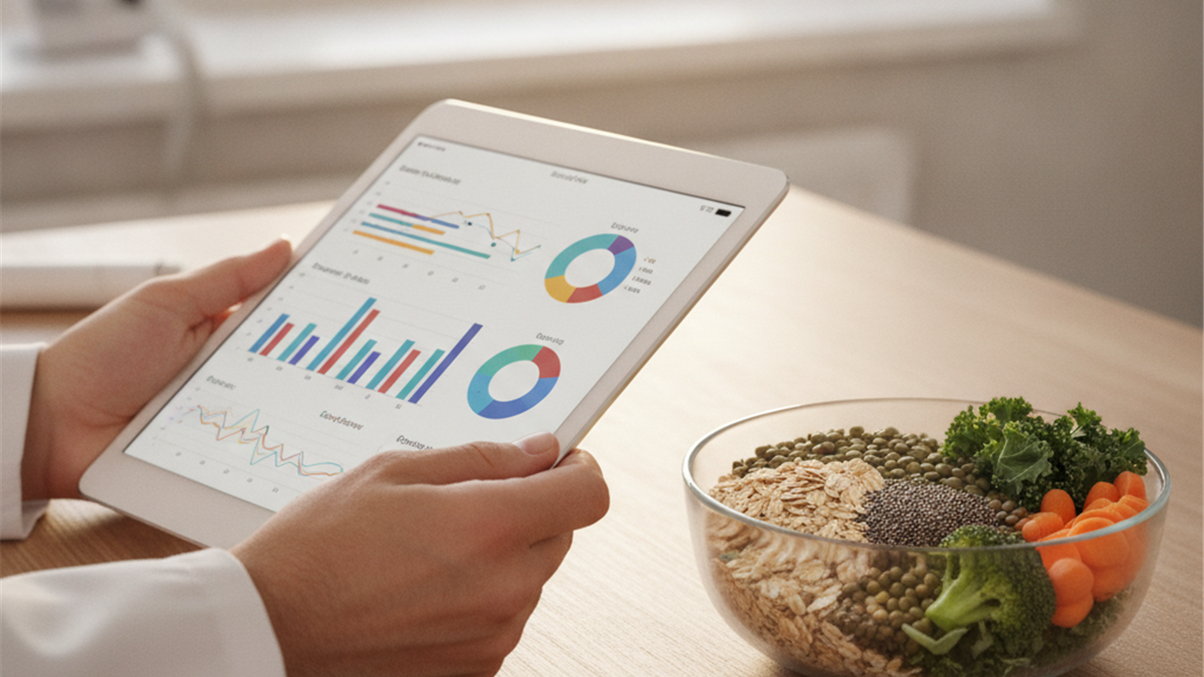 Medico revisando una grafica de salud junto a alimentos ricos en fibra como avena y lentejas