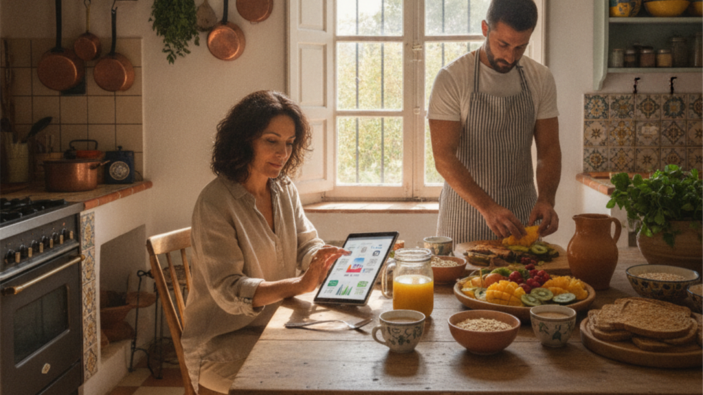 Pareja consultando noticias de nutricion en una tablet en su cocina
