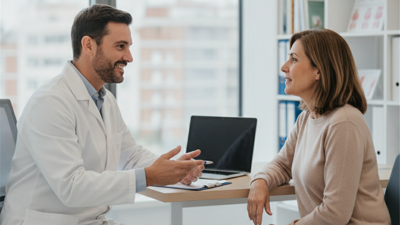 Medico y paciente hablando sobre control de peso en una consulta
