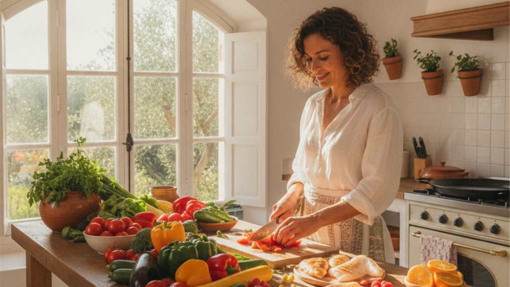 Mujer preparando una receta saludable baja en calorias en una cocina luminosa
