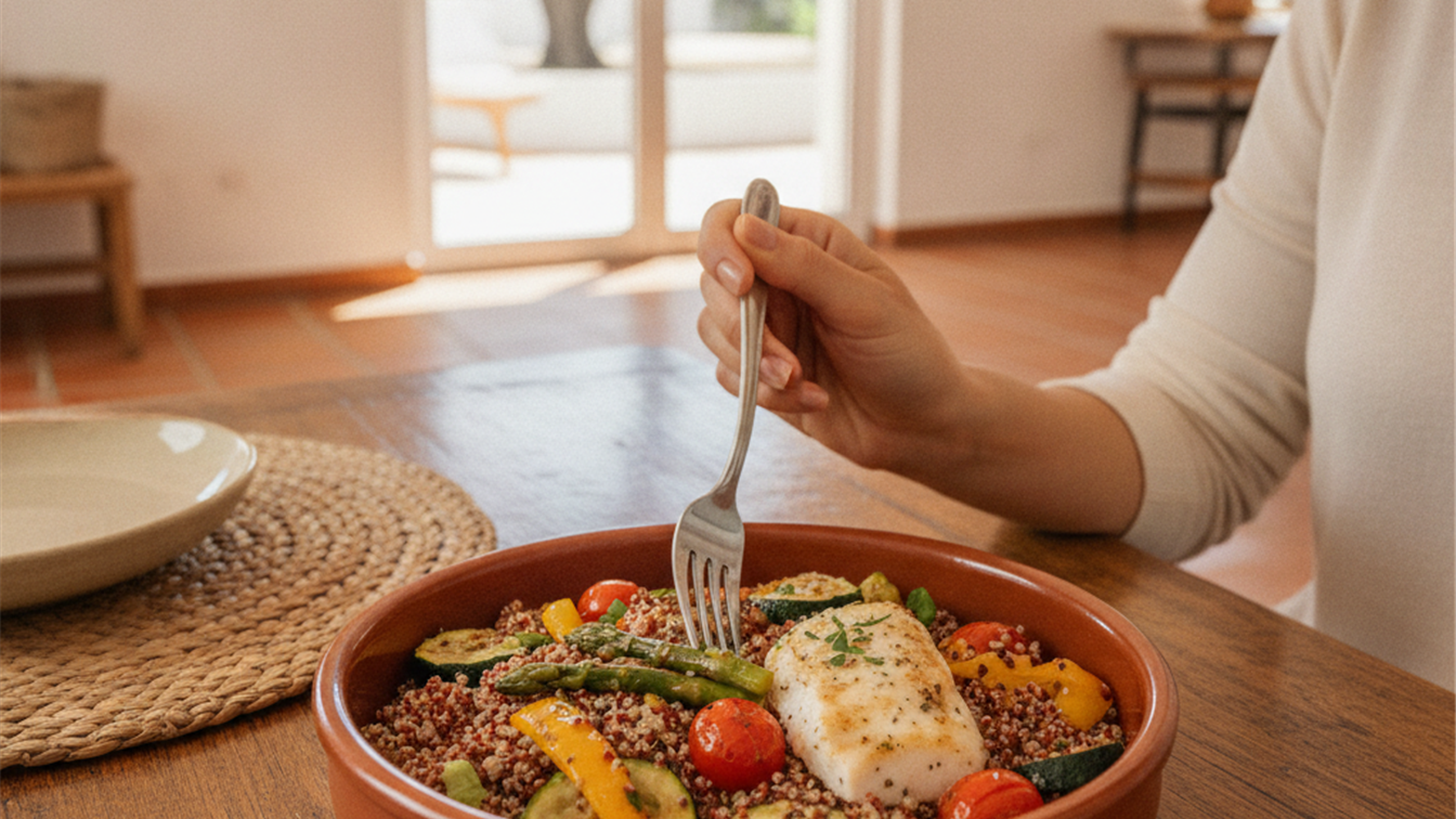 Plato saludable bajo en calorias con quinoa, verduras y pescado en una mesa