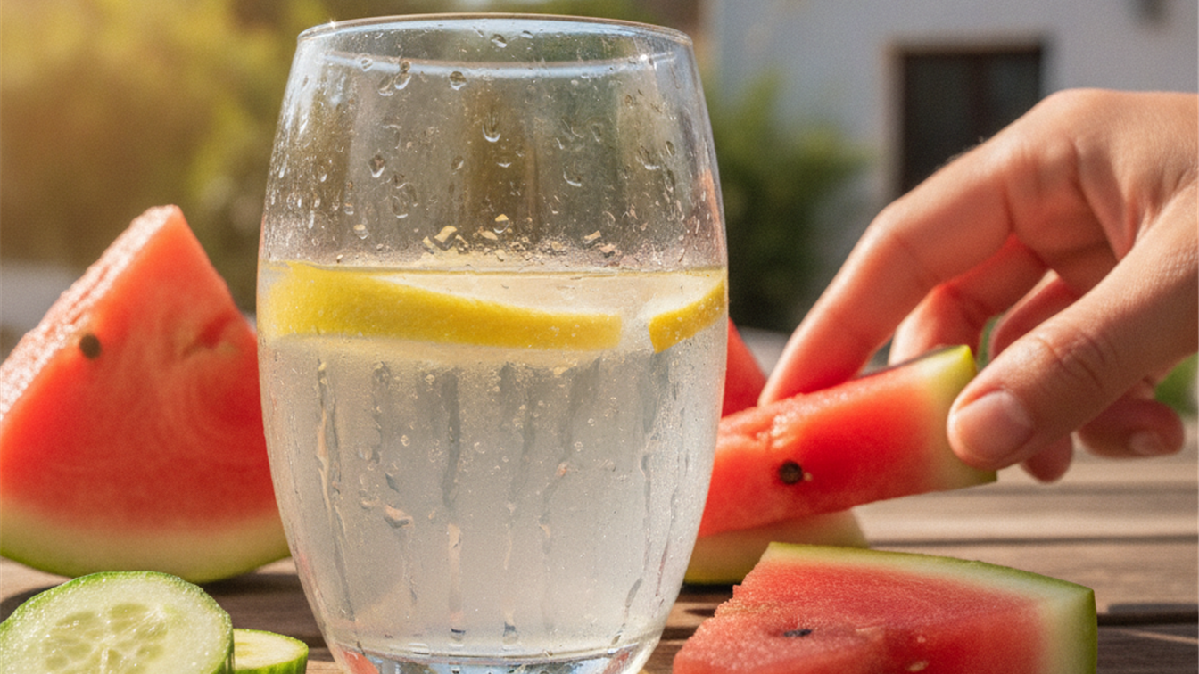 Vaso de agua con limon y frutas frescas de verano