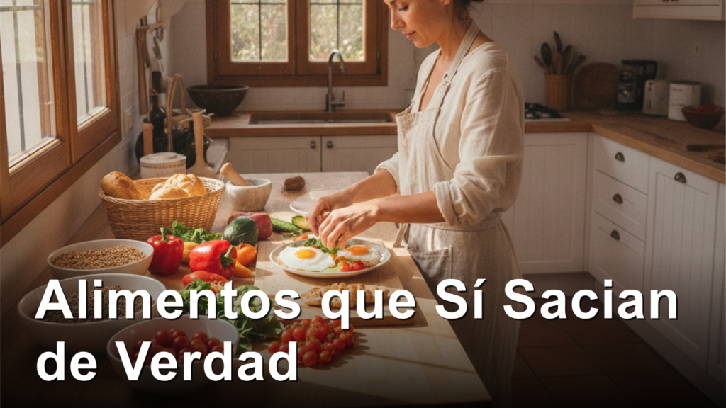 Mujer preparando comida saciante con proteina y fibra en cocina