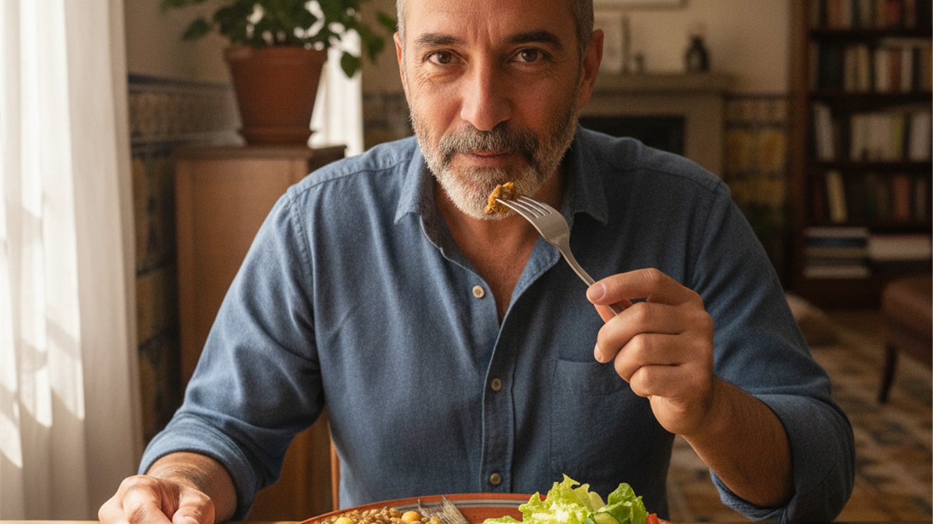 Hombre comiendo un plato saciante con legumbres y ensalada