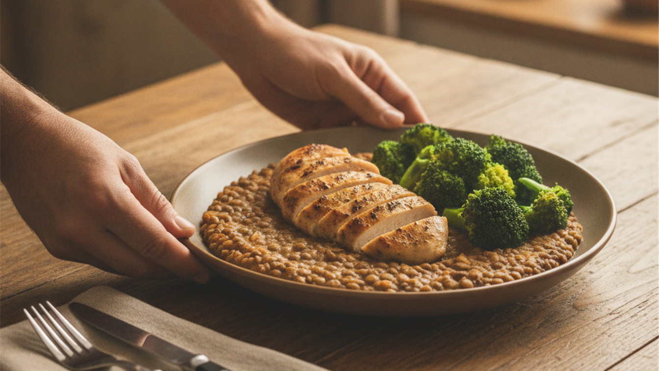 Plato con pollo a la plancha lentejas y brocoli servido en mesa