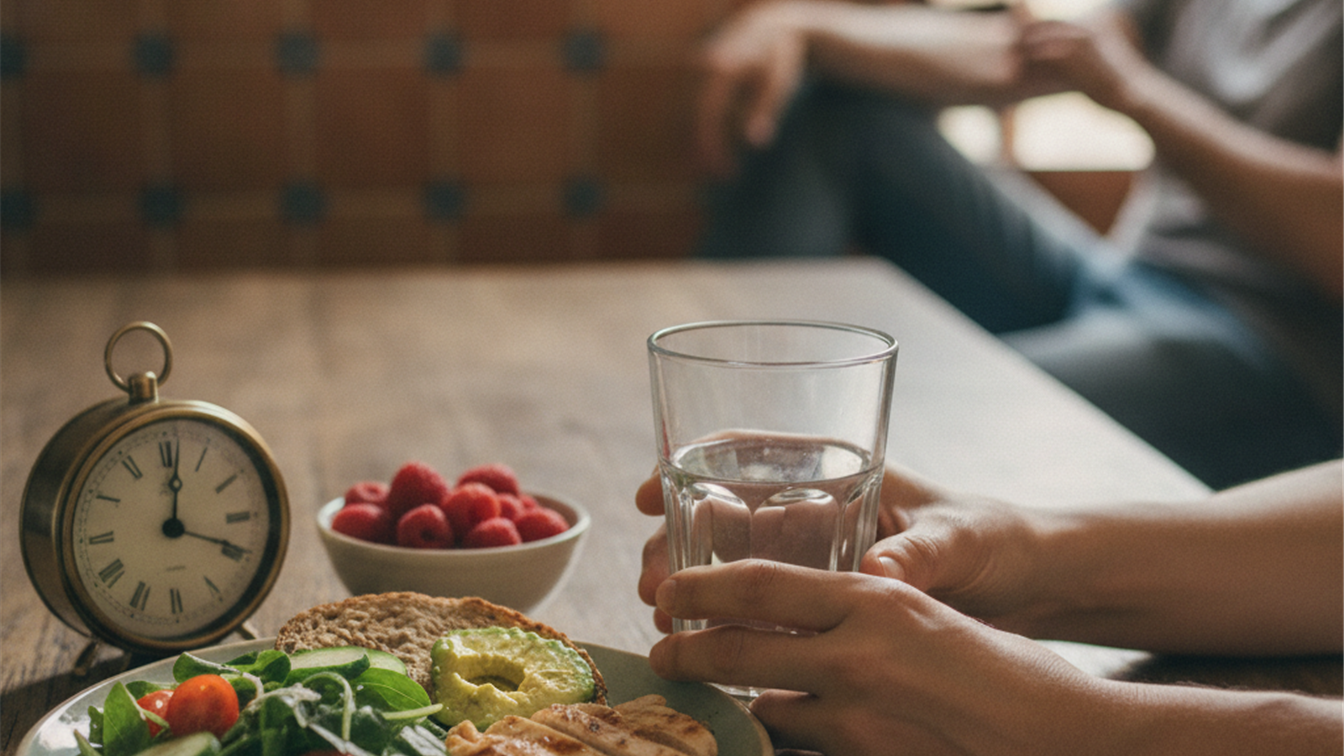 Vaso de agua y reloj junto a comida ligera en cocina