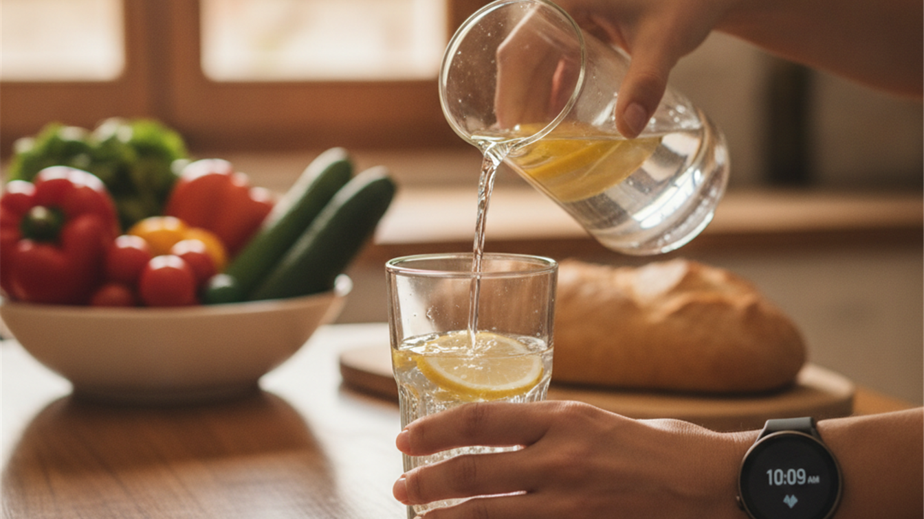 Preparacion de agua con limon y reloj inteligente durante el ayuno