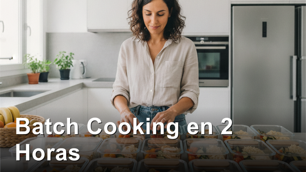 Woman organizing meal prep containers with healthy food in a modern kitchen