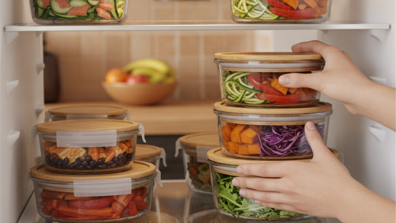 Hands placing labeled glass meal prep container into the refrigerator