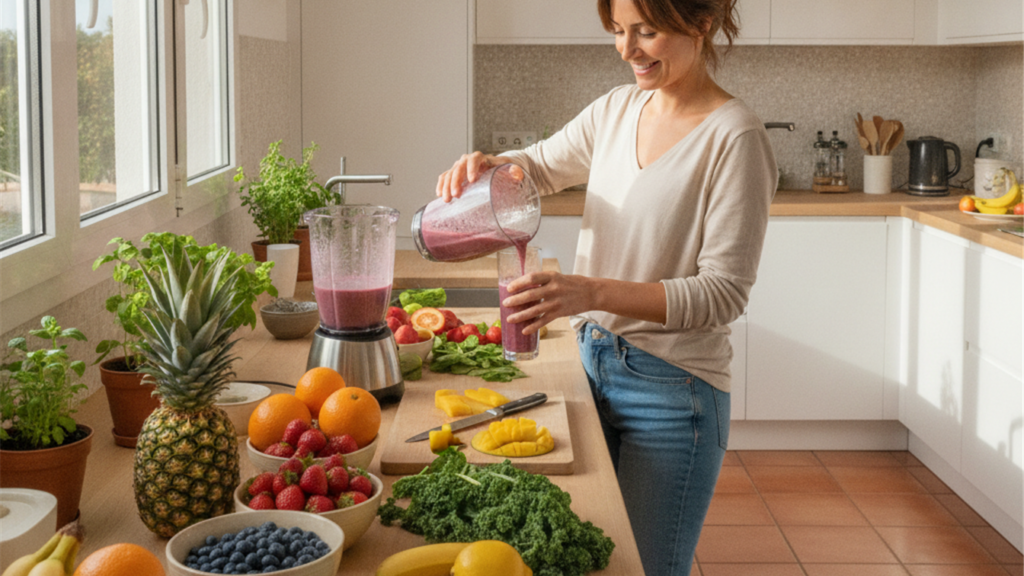 Mujer preparando batido saludable con frutas y verduras en cocina