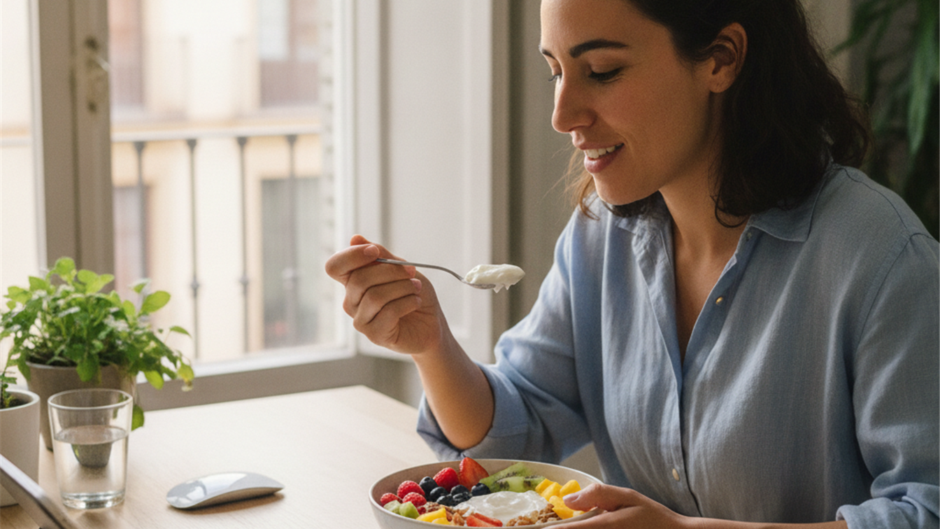 Mujer tomando snack saludable con frutos secos y yogur en oficina
