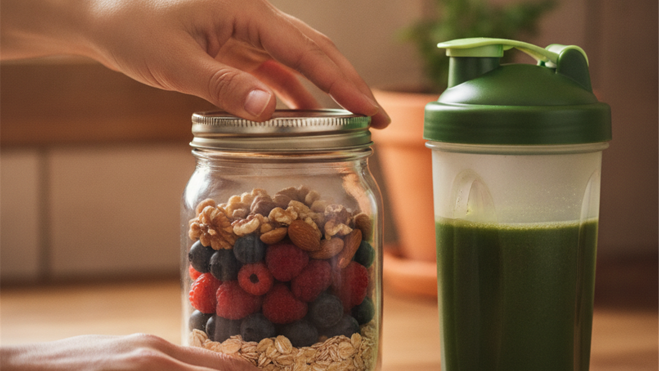 Jar with nuts and berries next to green smoothie shaker