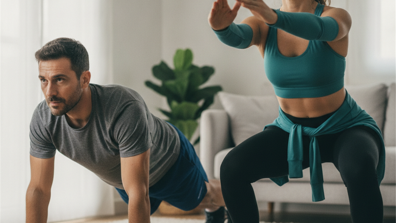 Couple doing mountain climbers exercise at home