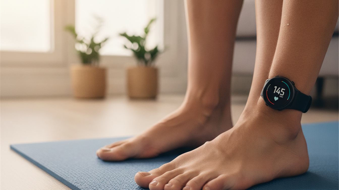 Feet on yoga mat with smartwatch during workout