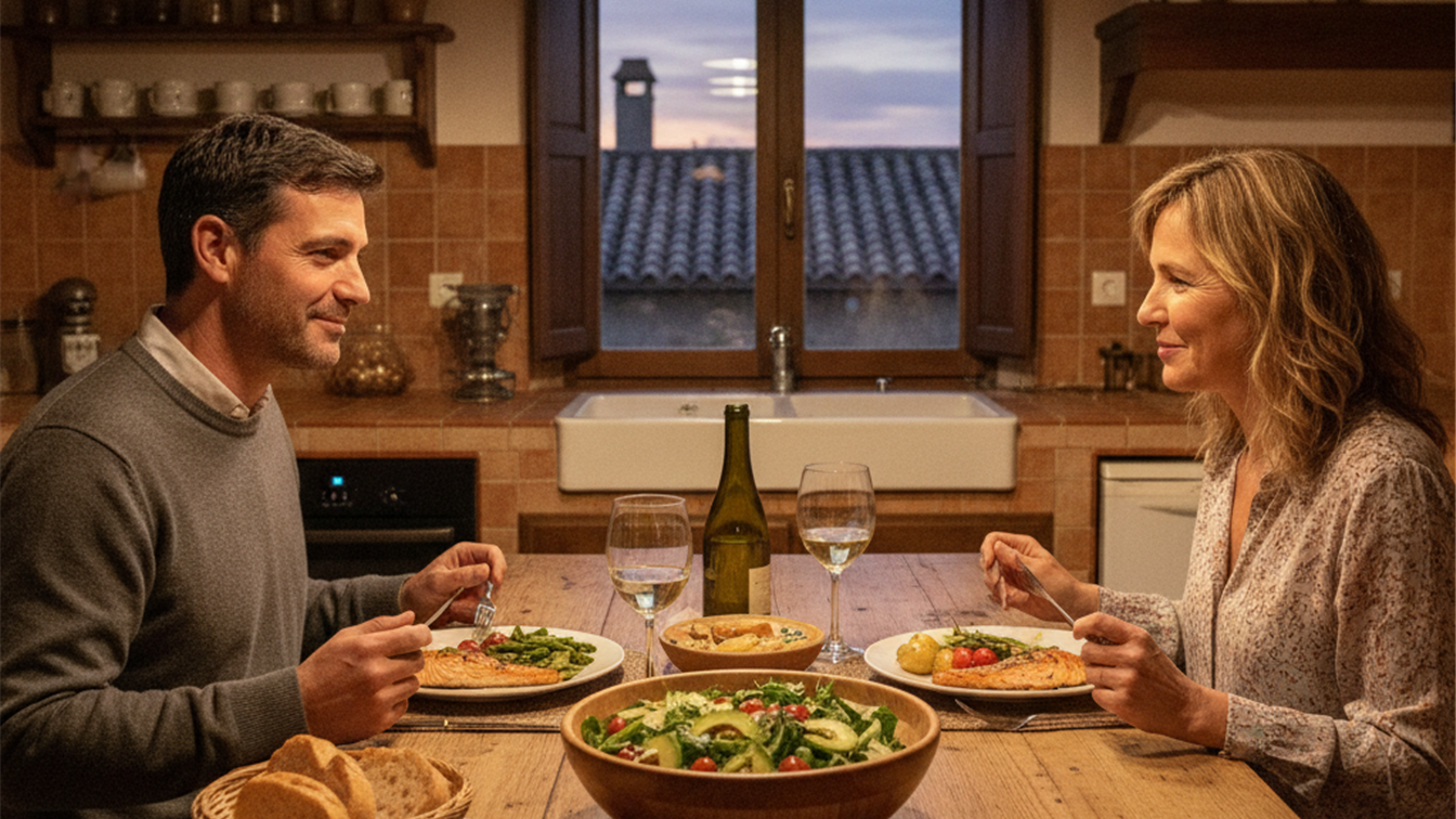 Pareja cenando ligero y saludable en casa