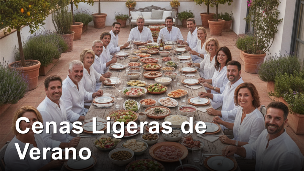 Cena ligera de verano en terraza con gazpacho y ensaladas