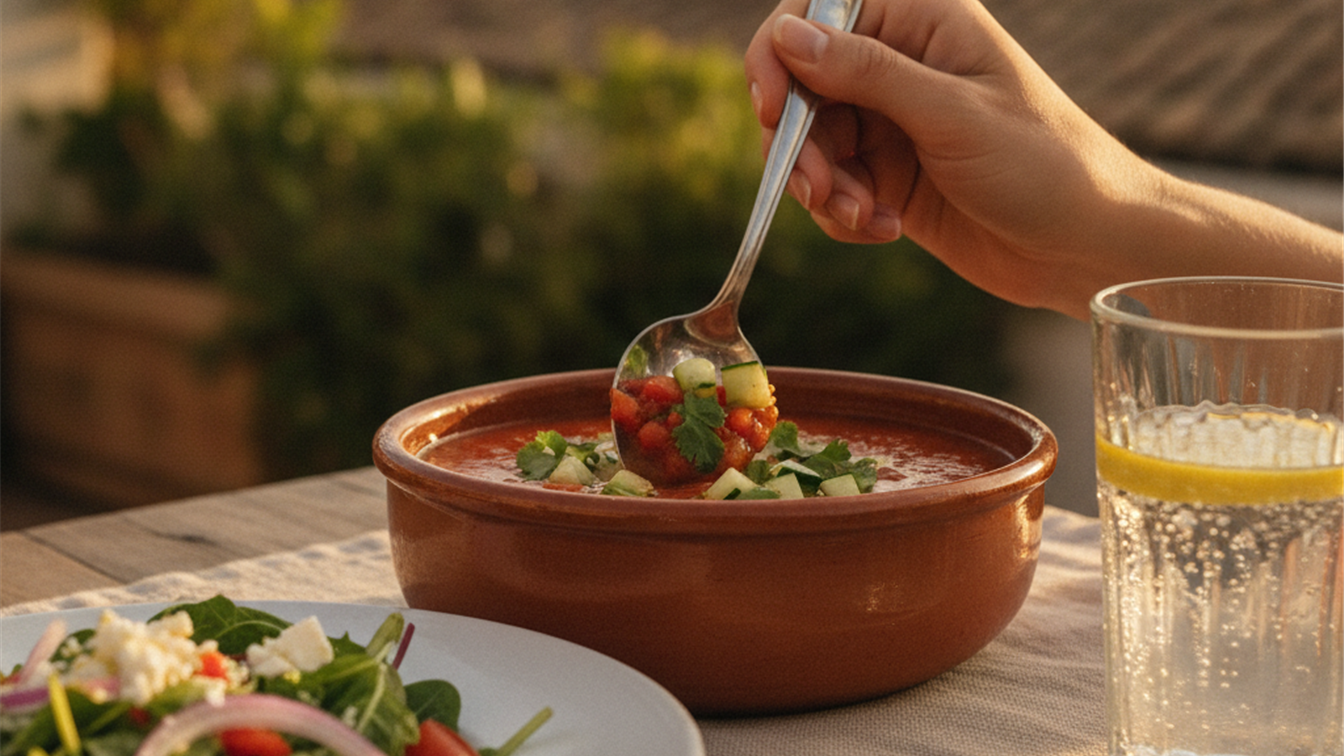 Mesa con gazpacho y ensalada para cena ligera