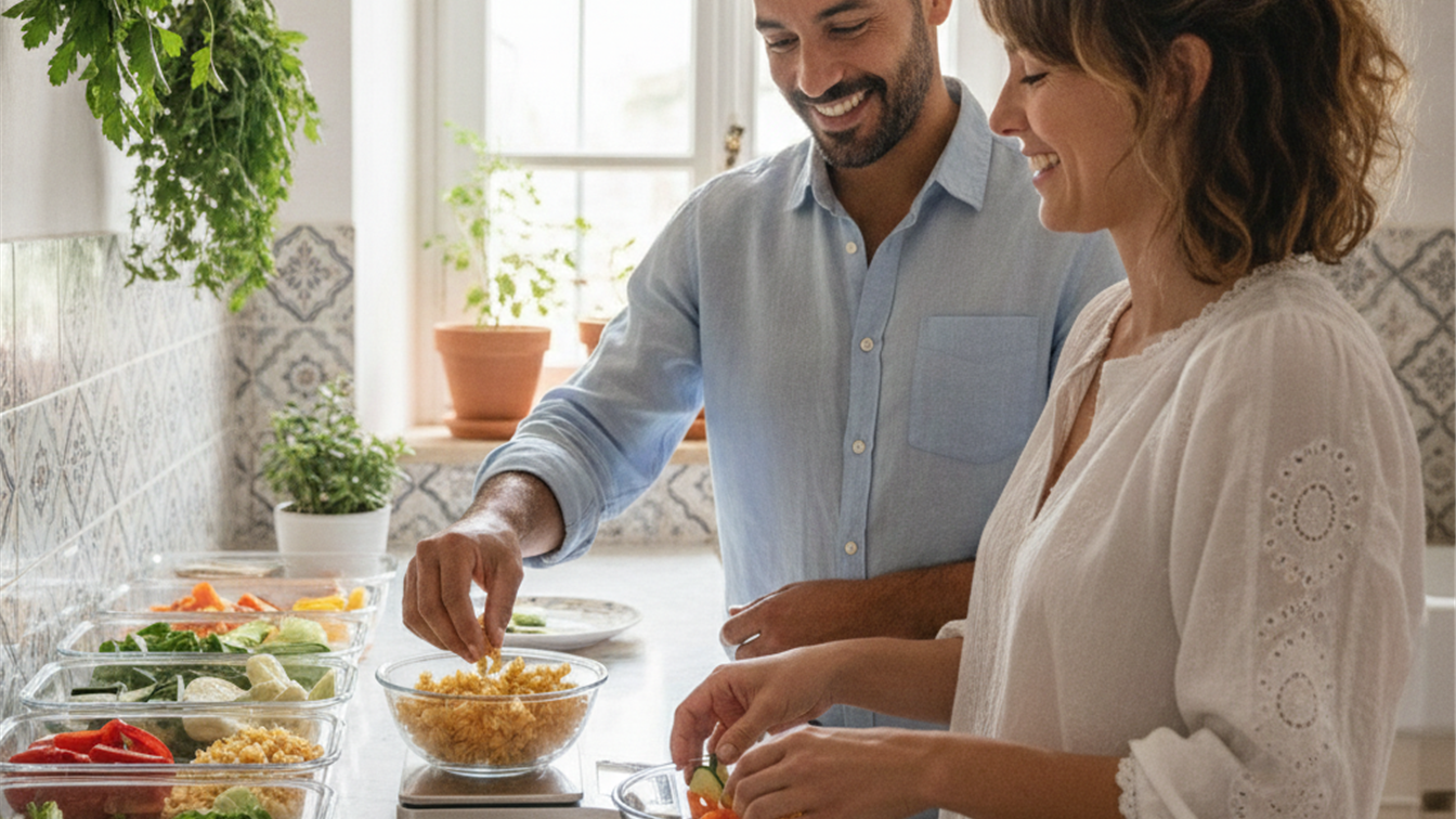Pareja cocinando y pesando pasta y verduras en una bascula de cocina digital
