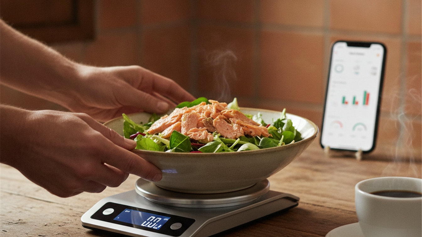 Detalle de una ensalada con salmon sobre una bascula de cocina junto a un movil