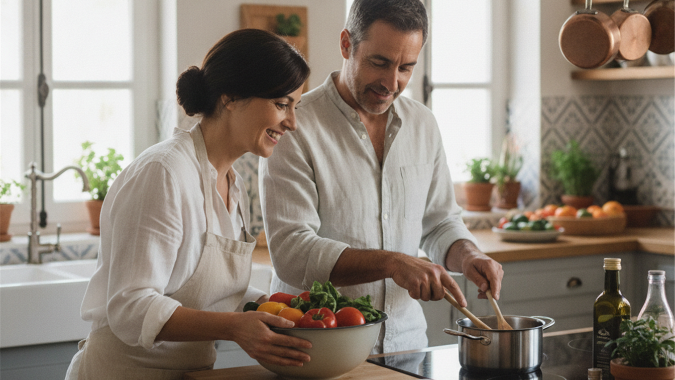 Pareja pesando alimentos en la cocina para calcular el deficit calorico