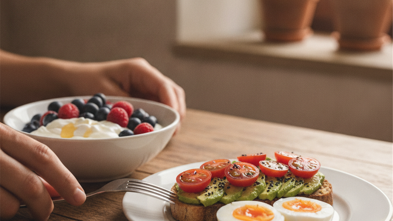 Plato de desayuno saludable con huevo y yogur