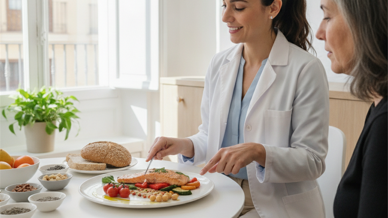 Nutricionista explicando la dieta mediterránea con alimentos saludables