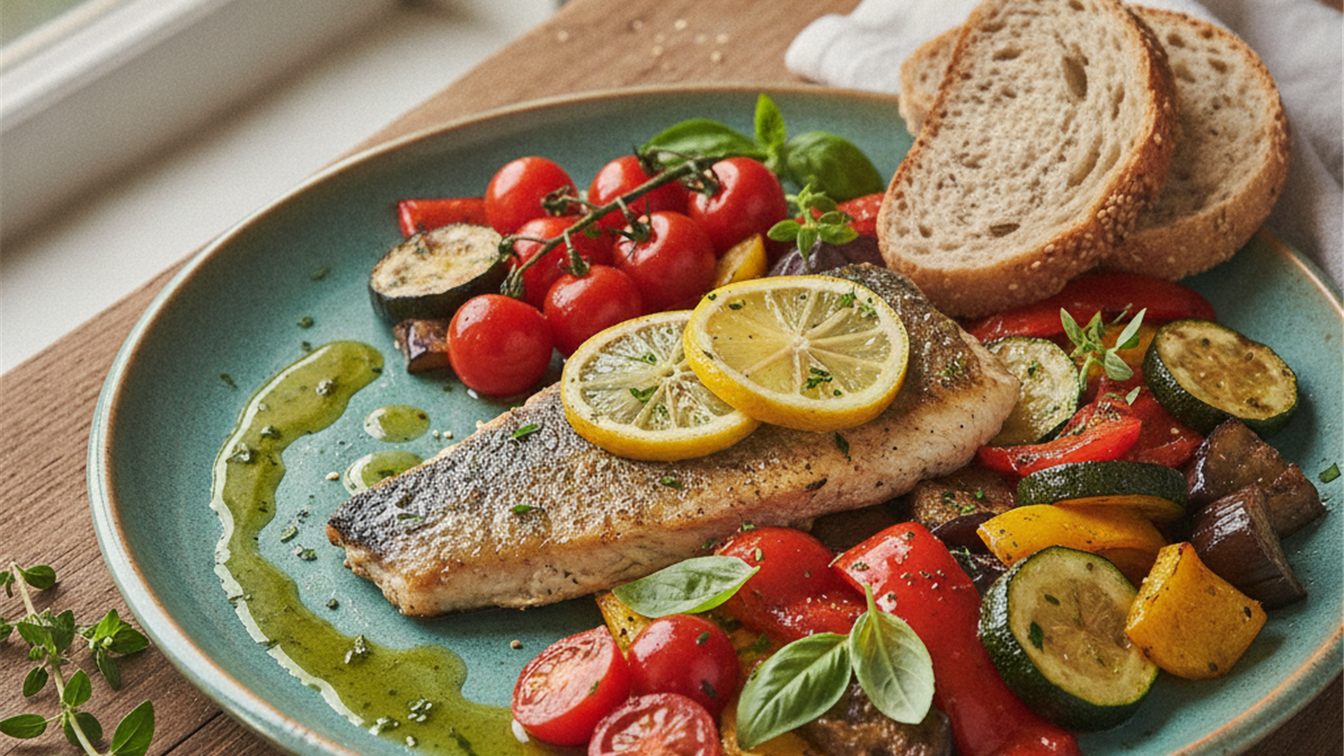 Plato de dieta mediterránea con pescado a la plancha y verduras coloridas